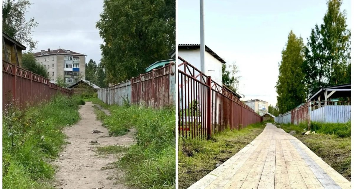 У школы № 43 в Архангельске построили деревянный тротуар к детскому саду